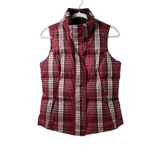 Eddie Bauer Goose Down Vest Women Size S Red Plaid Zip Snap Closure Hike Outdoor - Picture 1 of 10